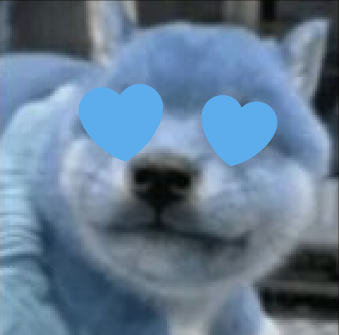 An image of a blue puppy with blue heart over its eyes